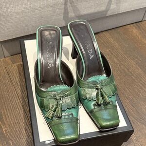 Prada Green Tassel Leather Mules